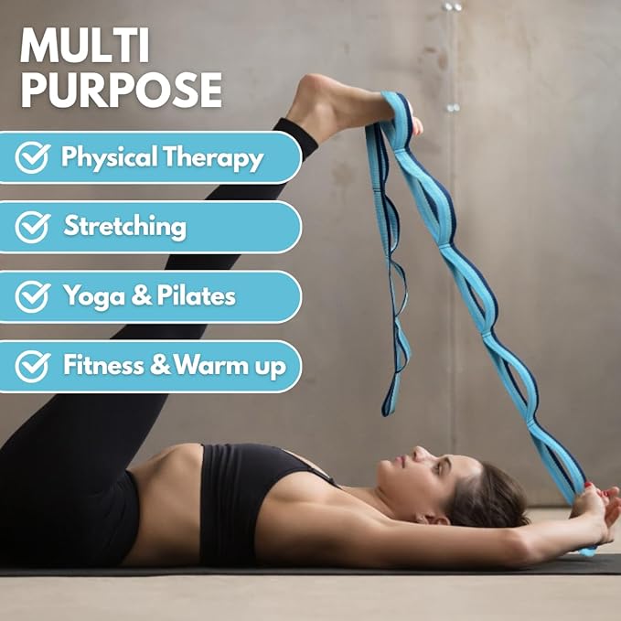 California Yoga Strap | Yoga Belt with Loops | 12 Multi Loop & Non-Elastic | Stretching Strap | Gym Workout & Exercise Bands | Physical Therapy | Improves Sitting Posture for Women & Men - Bloomnest
