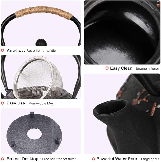 Cast Iron Teapot with Tea Cups Trivet Japanese Style Tetsubin Tea Kettle with Infuser Iron Tea Set Gift for Adult Father Mother Family (Black,Magpie on the Plum Design) - Bloomnest