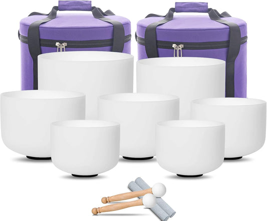 Hye-eun Crystal Singing Bowl Set of 7,Frosted Quartz Chakra Sound Bowls Meditation Set with 2 Pcs Carrying Cases for Yoga Sound Healing