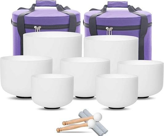 Hye-eun Crystal Singing Bowl Set of 7,Frosted Quartz Chakra Sound Bowls Meditation Set with 2 Pcs Carrying Cases for Yoga Sound Healing - Bloomnest