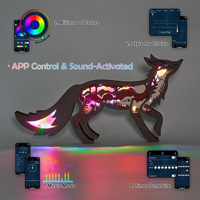 3D Wooden Animal Carving Multi-Color LED Night Light, Wood Carving Light, Modern Home Decoration, Decorative Tables, Cabinets, Living Rooms, Bedrooms, Offices, Farmhouses, Bookshelves, Perfect Gifts - Bloomnest