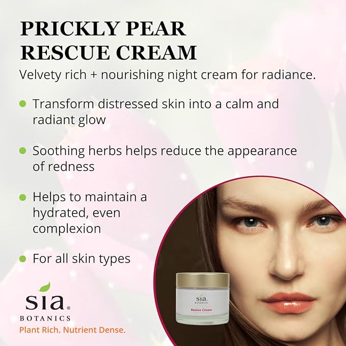 Sia Botanics Rescue Face Cream (65g/2.3oz Glass Jar) | Facial Moisturizer w/Prickly Pear Cactus, Aloe Vera, Green Tea Extract | Natural, Clean, Botanical Skincare for Women - Bloomnest
