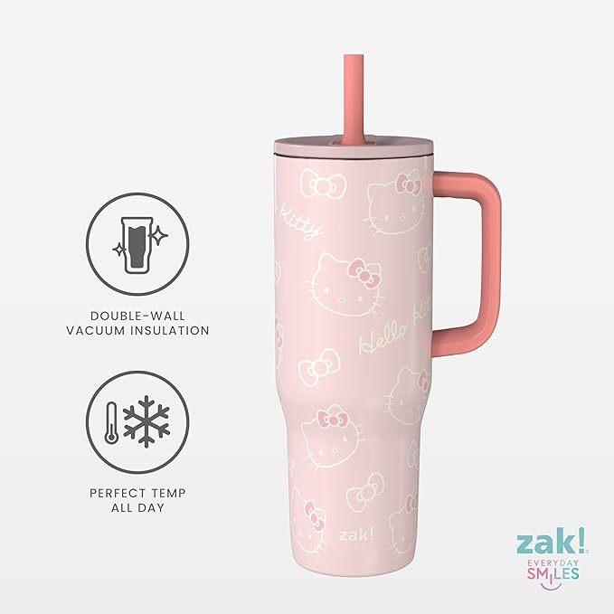 Zak Designs Sanrio Sutton Travel Tumbler for On the Go, 30oz Stainless Steel with Vacuum Insulation, Silicone Straw, and Carry Handle for Cold Drinks (Hello Kitty) - Bloomnest