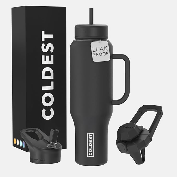 Coldest Tumbler with Handle and Straw - 100% Leak Proof Insulated Tumbler with Lid and Straw (3 Lids) - Stainless Steel Tumblers for Women & Men - Cup Holder Friendly Base, 46 oz (Stealth Black) - Bloomnest