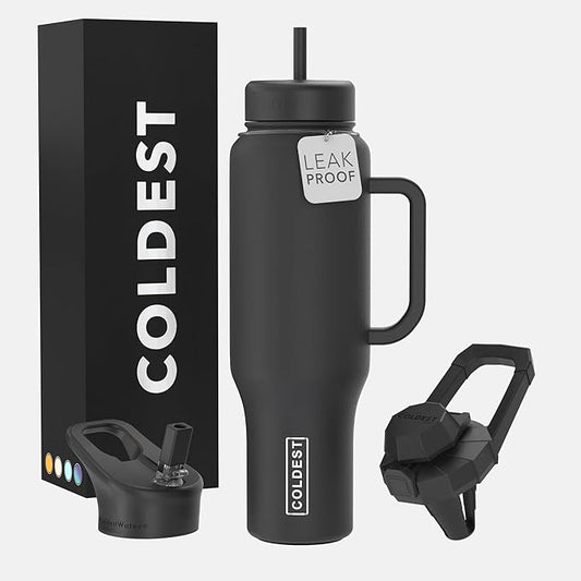 Coldest Tumbler with Handle and Straw - 100% Leak Proof Insulated Tumbler with Lid and Straw (3 Lids) - Stainless Steel Tumblers for Women & Men - Cup Holder Friendly Base, 46 oz (Stealth Black) - Bloomnest