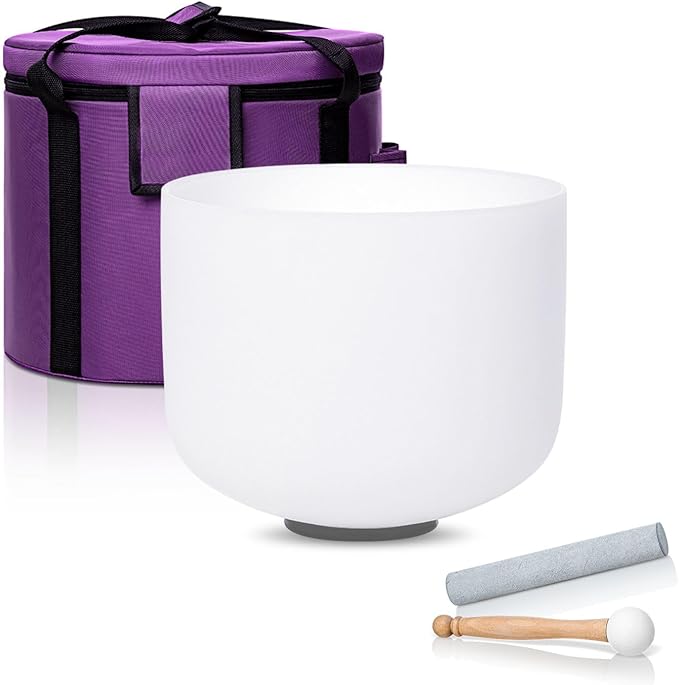 8 Inch F Note 432hz Heart Chakra Crystal Singing Bowl Healing Pure White with Carrying Case and Rubber Mallet Suede Strikers Oring - Bloomnest