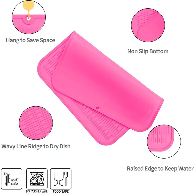Silicone Dish Drying Mat for Multiple Usage,Easy clean,Eco-friendly,Heat-resistant Silicone Mat for Kitchen Counter or Sink,Refrigerator or Drawer Liner Rose XL 18 inches x 16 inches - Bloomnest