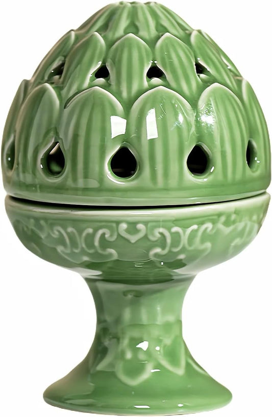 Mini Ceramic Incense Burner - Chinese Classic Plum Green Celadon Glaze, Fragrance Cone & Stick Holder Palo Santo/Sage/Herb Burner for Meditation, Yoga, Desk Decor, Zen Relaxation Gift (Lotus)