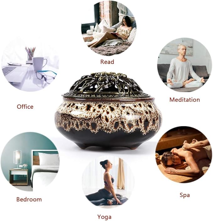 Incense Burner with Calabash Incense Stick Holder - Porcelain Charcoal Censer for Use with Resin Granular Powder Cone or Coil Incense (Fambe Gray) - Bloomnest