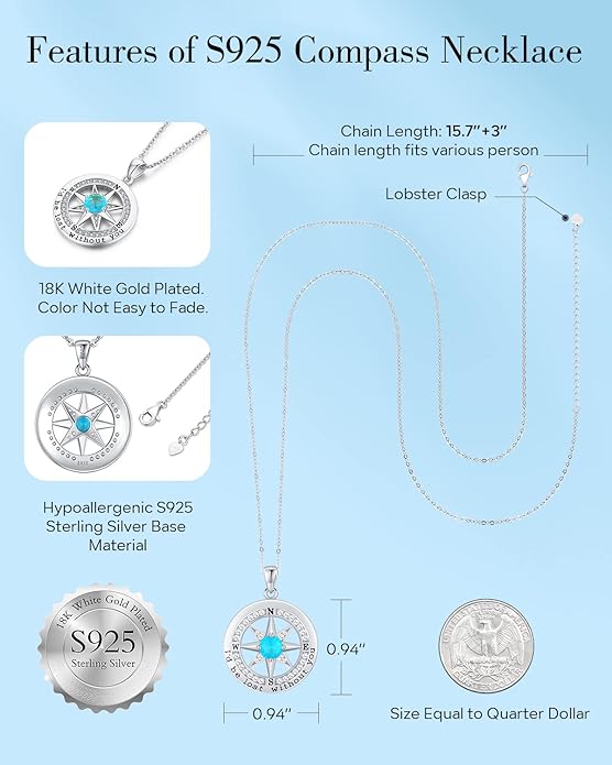 S925 Necklace Gift for Wife |Compass Jewelry |Women Anniversary |Sterling Silver |Girlfriend Birthday Gifts for Her Valentines |I'd be Lost without You |Jewel 18K Gold - Bloomnest
