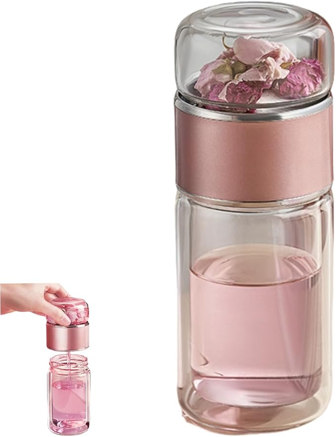 Nhdap Teava 3-In-1 Smart Tea Infuser, Tryteava Portable Leak-Proof Glass Infuser Bottle for Loose Leaf Tea, Double Layer Water Cup Separation Teapot With Strainers for Office, Travel (Pink, 280ml) - Bloomnest