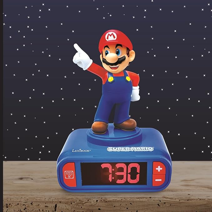 LEXiBOOK, Super Mario, Mario Nightlight Alarm Clock, Sounds and Melodies, LCD Backlit Screen, Luminous, Snooze, Red/Blue, RL800NI - Bloomnest