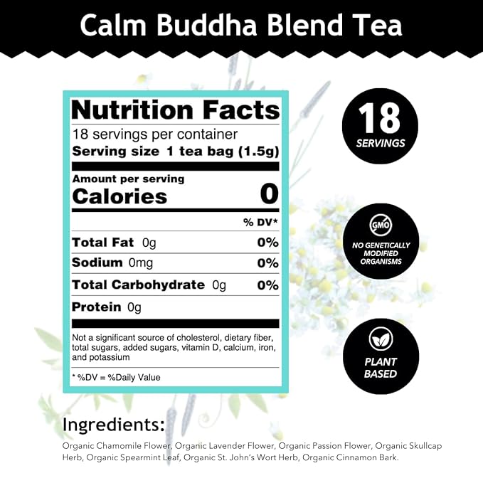 Buddha Teas - Calm Buddha Blend - Organic Herbal Tea - For Health & Wellbeing - Blend of Organic Herbs - Clean Ingredients - Caffeine Free - OU Kosher & Organic - Non-GMO - 18 Bleach-Free Tea Bags - Bloomnest