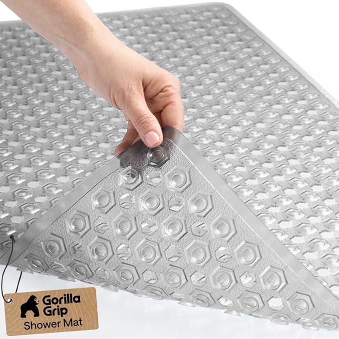 GORILLA GRIP Patented Bath Tub Shower Mat, Machine Washable Bathtub Floor Liner Mats, Suction Cups and Drain Holes to Keep Tubs Clean, Soft on Feet, Bathroom Essentials, 35x16 Inch, Clear Gray - Bloomnest