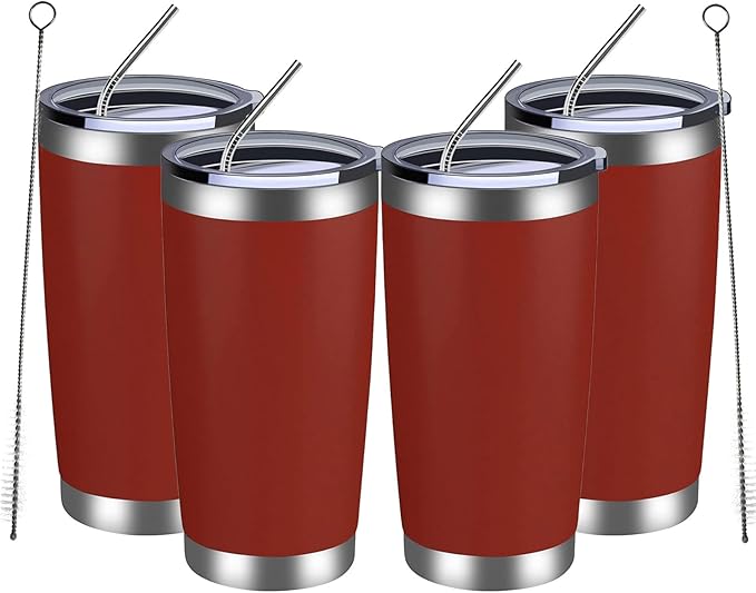MEWAY 20oz Tumbler 4 Pack Double Wall Vacuum Insulated Travel Mug Bulk, Stainless Steel Tumblers with Lid and Straw, Powder Coated Coffee Cups for Cold & Hot Drinks (Red, Set of 4) - Bloomnest
