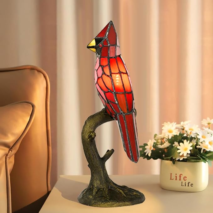 Cardinal Tiffany Style Accent Table Lamp in Height 14.5" Overall, Handmade Stained Glass Red Bird Lamp for Bedside Livingroom Bedroom Home Decoration (Red Cardinal) - Bloomnest