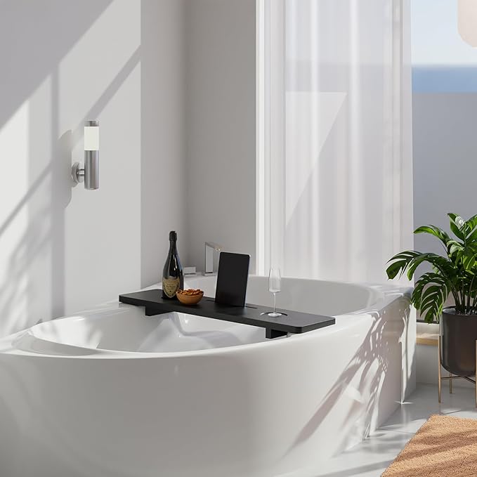 Tinamo Black Bathtub Caddy Tray Table | 35x9x2.5 Inch Large Bath Tub Tray Wooden | Anti-Tipping, Sustainable Tub Tray for Bathtub | Bathtub Accessories Holders for Bathtub (Acacia Wood) - Bloomnest