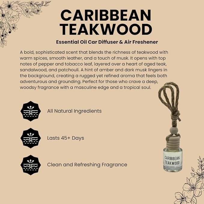 Caribbean Teakwood Hanging Car Air Freshener – Long Lasting Essential Oil Diffuser for Car, Closet, Bathroom – 2-Pack Natural Scent Deodorizer for men & women - Bloomnest