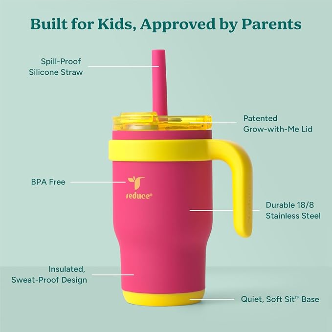REDUCE 14 Oz Coldee Kids Tumbler with Lid and Straw - Coldee Insulated Travel Mug - Spill-Proof, Sweatproof Stainless Steel, BPA-Free - Includes Handle, Reusable Silicone Straw - Pink Lemonade - Bloomnest