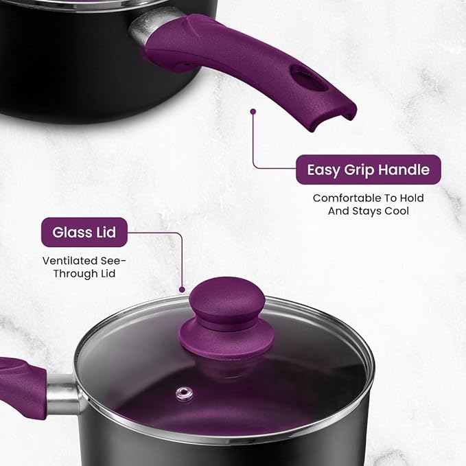 Chef’s Star Aluminum Pots and Pans Set for Kitchen - Nonstick Stackable Induction Cookware, 11 Pcs, Purple - Bloomnest