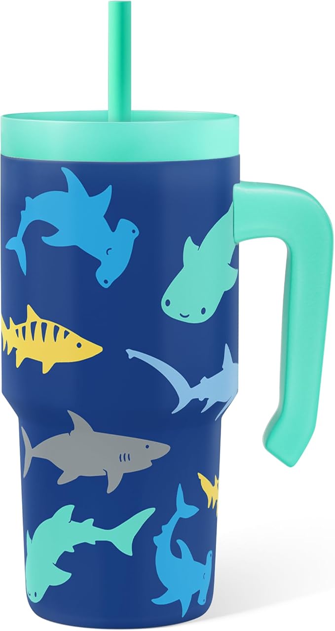 Shark Tumbler 20oz with Handle and Silicone Straw Lid for Kid, Insulated Stainless Steel Cup, Gift for Kids Boys, Gifts Idea for Birthday Christmas Back to School - Bloomnest