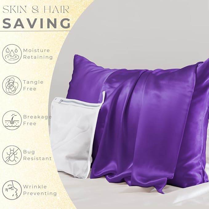 PROMEED 100% Mulberry Silk Pillowcase Set of 2, 23 Momme 3rd Gen Grade 6A+ 100% Mulberry Silk Pillow Cases 2 Pack, Real Silk Pillow Cover for Acne Prone Skin (King 20"x36", Purple) - Bloomnest