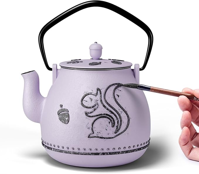 Toptier Teapot with Removable Infuser, Cast Iron Tea Kettle Stovetop Safe, Squirrel Design Tea Pot Coated with Enameled Interior for 32 Ounce (950 ml), Purple - Bloomnest