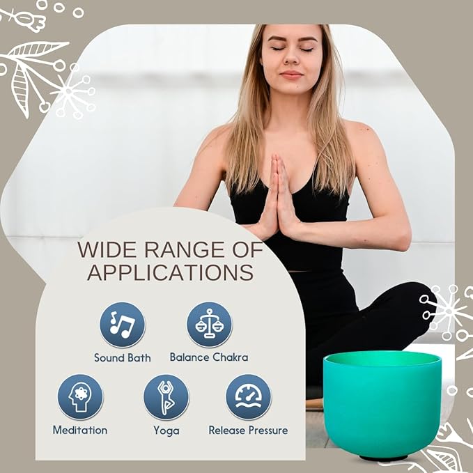 Green F Note Heart Chakra 8 inch Quartz Crystal Singing Bowl, for Healing Mindfulness Meditation Yoga Sound Baths, with Case Rubber Mallet