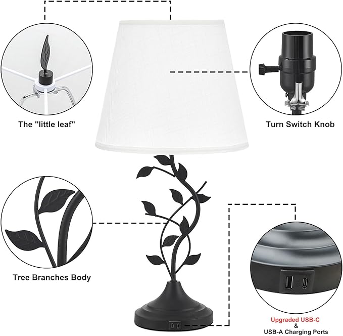Kakanuo USB Table Lamp Bedside Lamp with USB C Charging Ports, White Traditional Nightstand Lamp Desk Lamp Large Retro Table Lamp for Bedroom and Living Room - Bloomnest