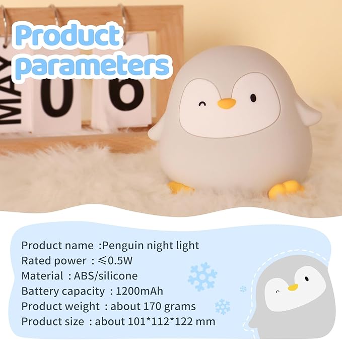 Squishy Penguin Silicone Night Light for Kids - USB Rechargeable LED Lamp with Soft Touch, Long Lasting Battery & Touch Control - Cute Penguin Light for Kids Room, Decor & Gifts - Bloomnest