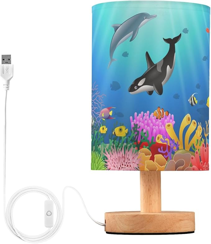 Table Lamp Cartoon Dolphin Killer Whale Sea Fish Coral Underwater in Ocean Nightstand Lamp with Wood Base Fabric Lamp Shade Bedside Desk Lamp for Living Room Bedroom Kids Room Office - Bloomnest