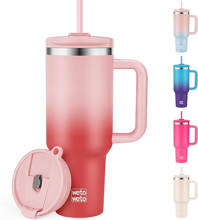 WETOWETO 40oz Tumbler with Handle | Insulated Stainless Steel Travel Mug | 34Hrs Cold & 10Hrs Hot Retention | 100% Leakproof Lid & Straw | Dishwasher Safe + Car Cup Holder Fit (Pink-Red Gradient) - Bloomnest