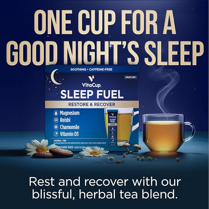VitaCup Sleep Fuel Instant Tea Packets for Deep REM Sleep, Relax & De-Stress w/Chamomile, Magnesium, Vitamin D3, Coconut Water, Coconut Milk, Potassium, Calming for Full Body Relaxation, 48Ct - Bloomnest