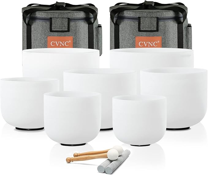 CVNC 432HZ 6-12 Inch Set Of 7 PCS Frosted Chakra Quartz Crystal Singing Bowls for Sound Healing with 2 PCS Travel Carry Case Bag - Bloomnest