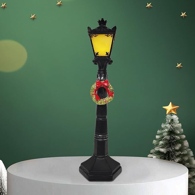 Vintage Black Resin Christmas Street Lamp Post Sculpture with LED Lights, for Indoor Holiday Decor, Mantle, Tabletop, Winter Village Display - Bloomnest