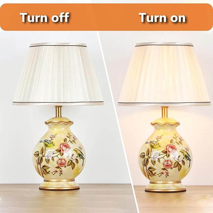 20.4" Chinoiserie LED Table Lamp, American Flower and Bird Ceramic Chinoiserie Table Lamp, Yellow Fabric Shade with Hardware Base Round Bedside Lamp Bedroom Study Hotel Home Decoration - Bloomnest