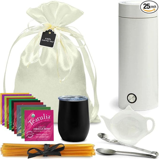 Organic Tea Gift Set with Portable Kettle (25 Piece) Tea Lovers Basket for Women or Men | Birthday Present (Christmas Xmas Mom Mother Teacher Co-Worker) - Bloomnest