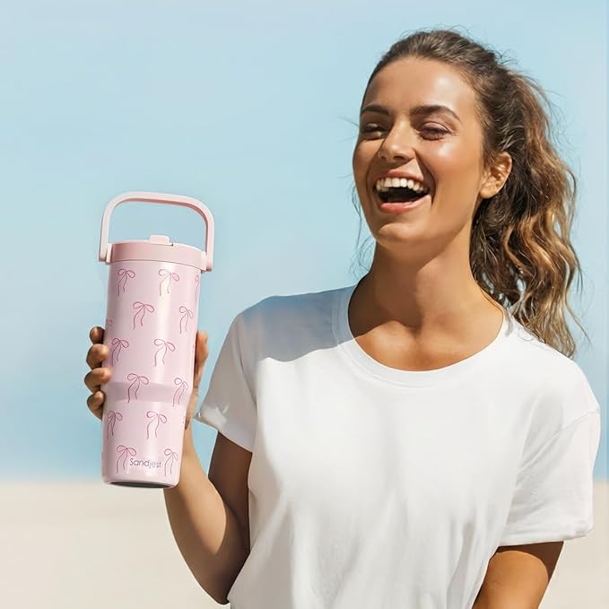 SANDJEST Pink Bow Stainless Steel Straw Lid Tumbler 30oz with Carry Handle for Women Girls, Insulated Travel Coffee Cup, Gift for Sports Outdoor Workout Christmas Birthday - Bloomnest