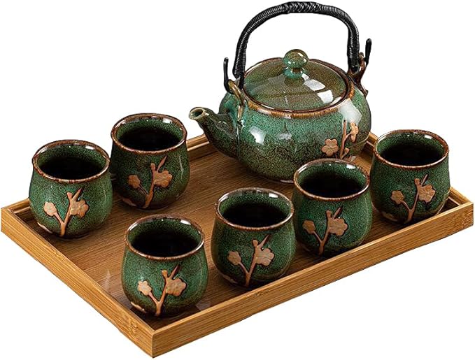 KEYDUACU Japanese Tea Set, Kiln-Formed Ceramic Tea Set, Plum Blossom Embossed, Includes 1 Teapot, 6 Teacups,Tea Tray,Strainer, Used for home, outdoor, gift, Chinese Kung Fu Tea Set(FDMH-GREEN) - Bloomnest
