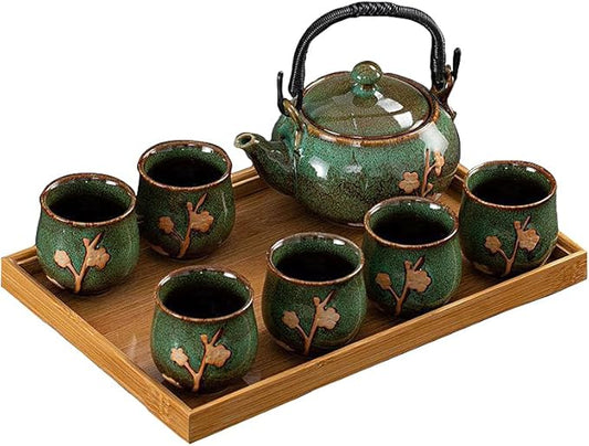 KEYDUACU Japanese Tea Set, Kiln-Formed Ceramic Tea Set, Plum Blossom Embossed, Includes 1 Teapot, 6 Teacups,Tea Tray,Strainer, Used for home, outdoor, gift, Chinese Kung Fu Tea Set(FDMH-GREEN) - Bloomnest
