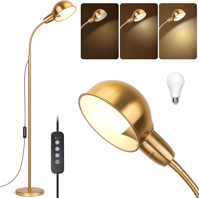 Gold Floor Lamp with Flexible Gooseneck and Rotatable Shade，Standing Lamp Include Dimmer LED Bulb，Ideal Tall Lamp with Dimmer and Timer Switch for Reading,Bedside and Living Room (Gold) - Bloomnest