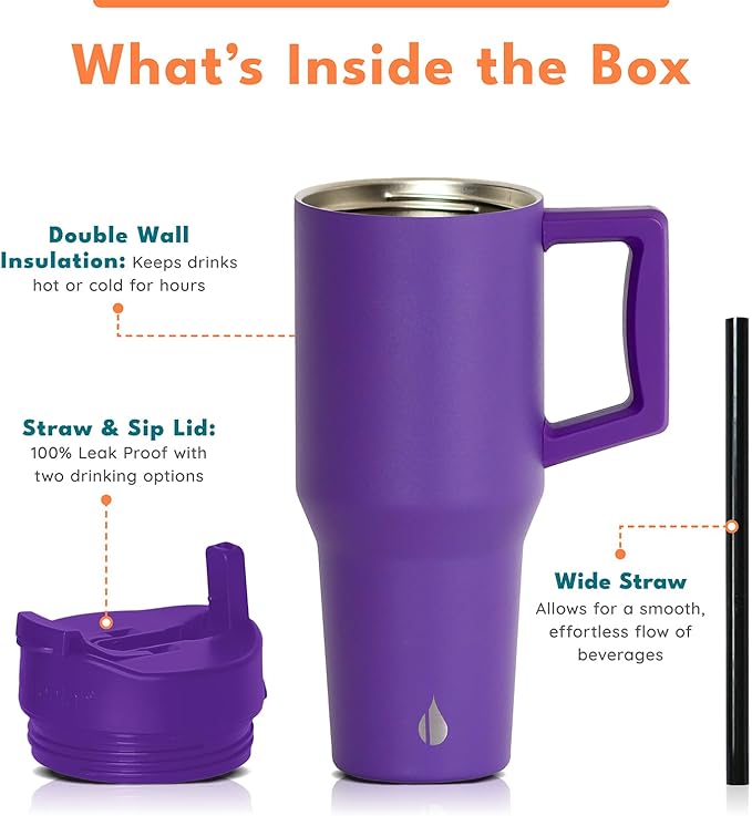Elemental 32 oz 100% Leak Proof Tumbler with Handle & Straw - Stainless Steel Double Wall Insulated Tumbler for Hot and Cold Beverages - Travel Coffee Mug with Sip & Straw Lid - Purple - Bloomnest