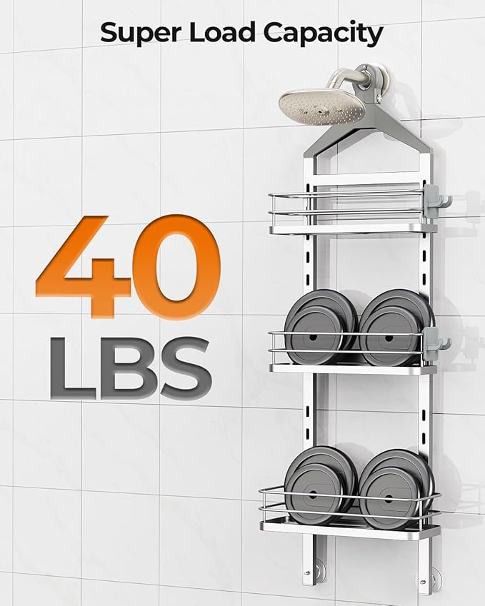 ODesign 3 Tier Height-Adjustable Shower Caddy Hanging Anti-Swing-Over The Shower Head Caddy-Storage Organizer Bathroom Shelves Basket-Silver - Bloomnest