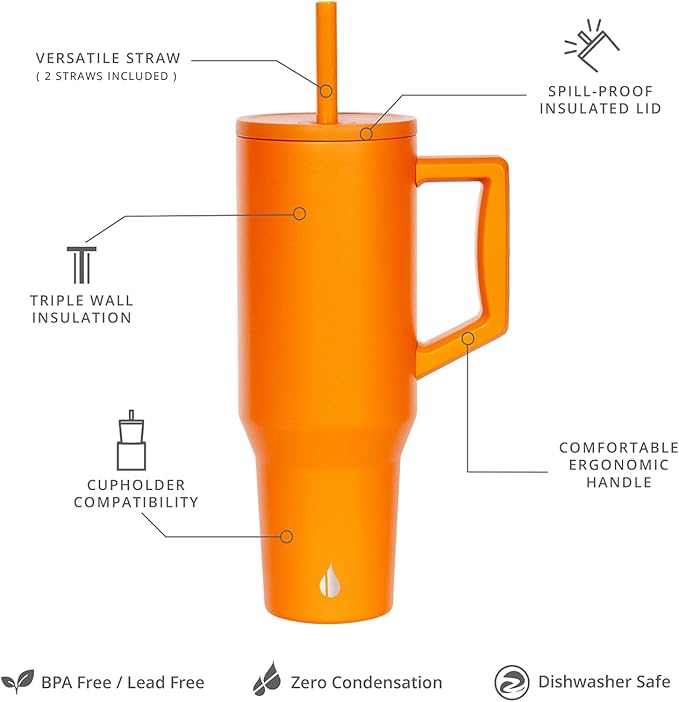Elemental 40 oz Tumbler with Handle and Straw - Spill Proof Insulated Stainless Steel Commuter for Hot and Cold Beverages - Travel Coffee Mug with 2 Straws & Spill Proof Lid - 40oz - Orange - Bloomnest