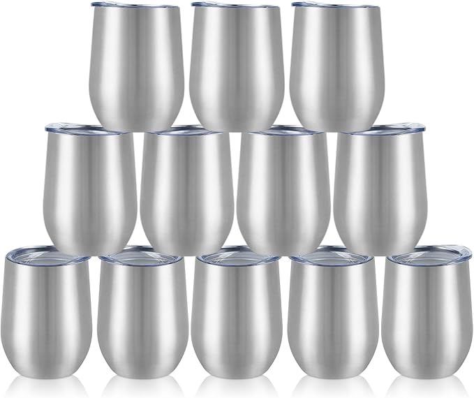 12 Pack Stainless Steel Wine Tumblers, 12Oz Double Wall Vacuum Insulated Wine Tumblers with Lids and Straws, Stainless Steel Stemless Wine Glasses for Coffee, Wine, Cocktails, Champaign, Silver - Bloomnest