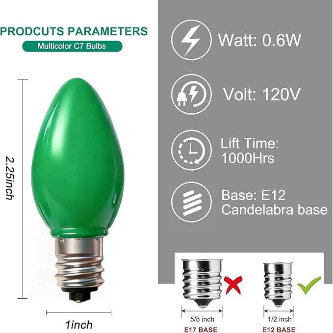 25 Pack C7 Replacement Christmas Light Bulbs, C7 LED Green Blubs for Christmas String Lights, E12 Candelabra Vintage Bulbs for Outdoor String Lights, Green - Bloomnest