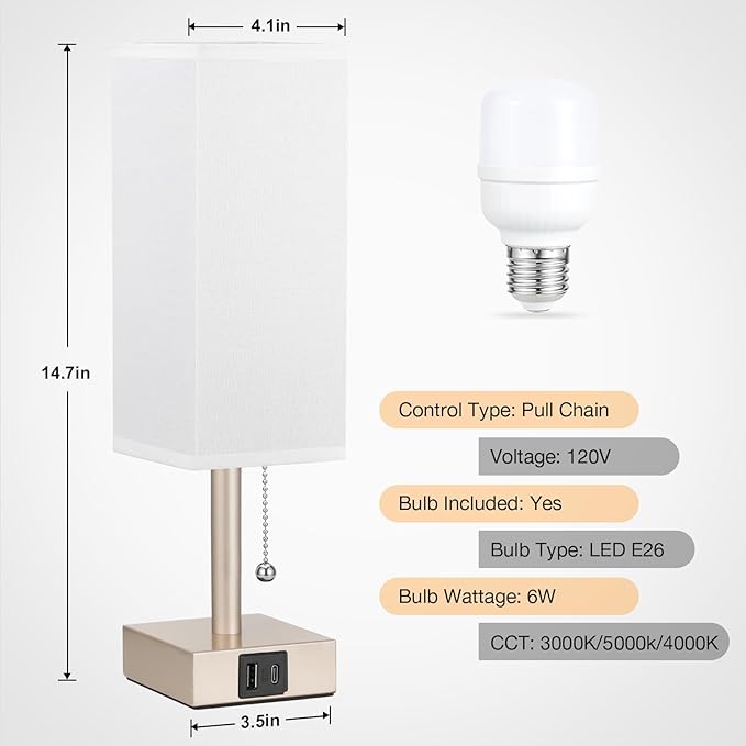 aooshine White Small Table Lamp for Bedroom - 3 Color Temperature 3000K 5000K 4000K Bedside Lamp, Pull Chain Control, USB A and C Ports, Light Gold Base, Bulb Included - Bloomnest