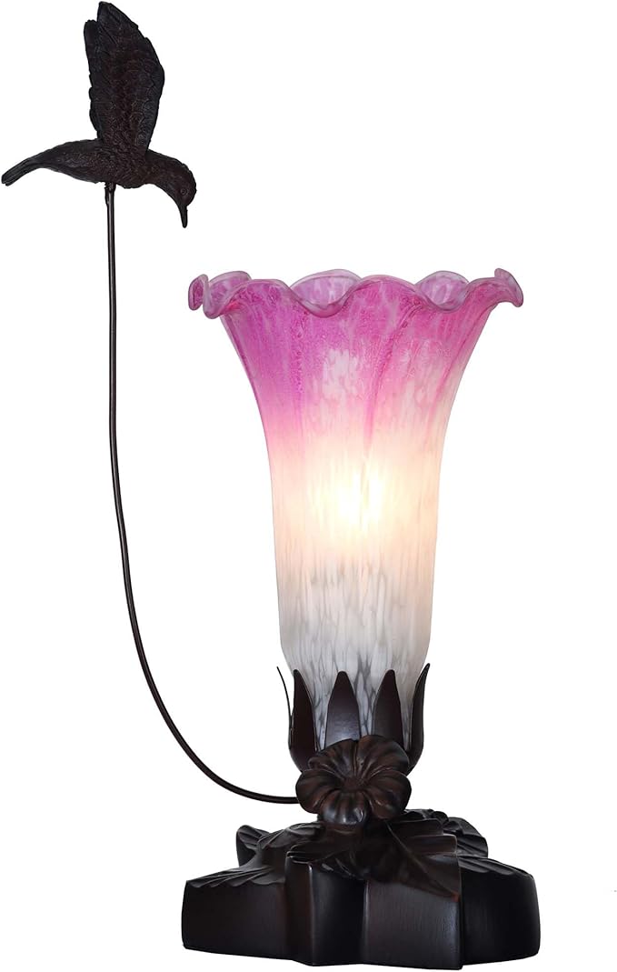 Bieye LL03 Hummingbird Flying Over Lily Flower Blown Glass Table Lamp for Home Decor (White Purple, 4.25Wx12H)