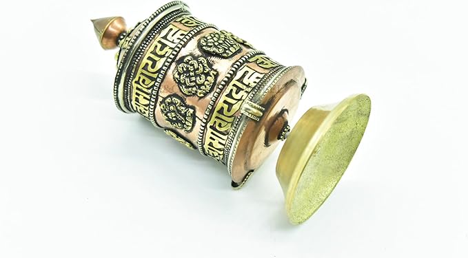 5.5 Inch Table Top Copper Brass Tibetan Buddhist 8 Lucky Symbols Prayer Wheel