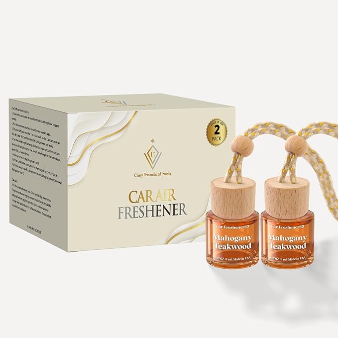C Classy Car Air Freshener Hanging 2 Pack, Mahogany Teakwood Brown Bottle Essential Oil Diffuser for Cars, Cute Car Accessories, Long-Lasting Fragrance, Fresheners for Women & Men Gift, Made in USA - Bloomnest